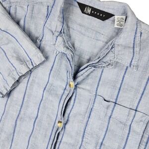 Blue Striped Linen Cotton Blend Short Sleeve Button Up Shirt Womens Small Casual